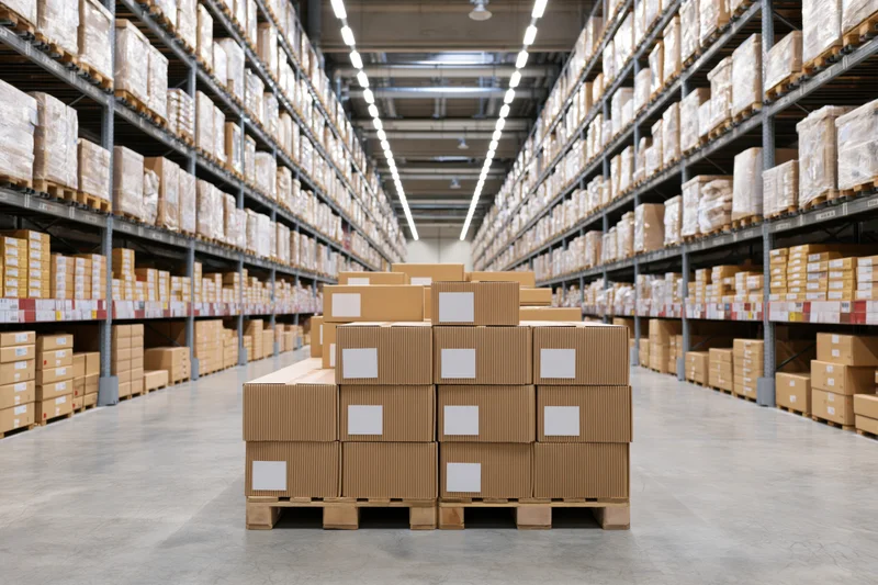 Stacked cardboard boxes on pallets in a large warehouse aisle with high shelving units on both sides