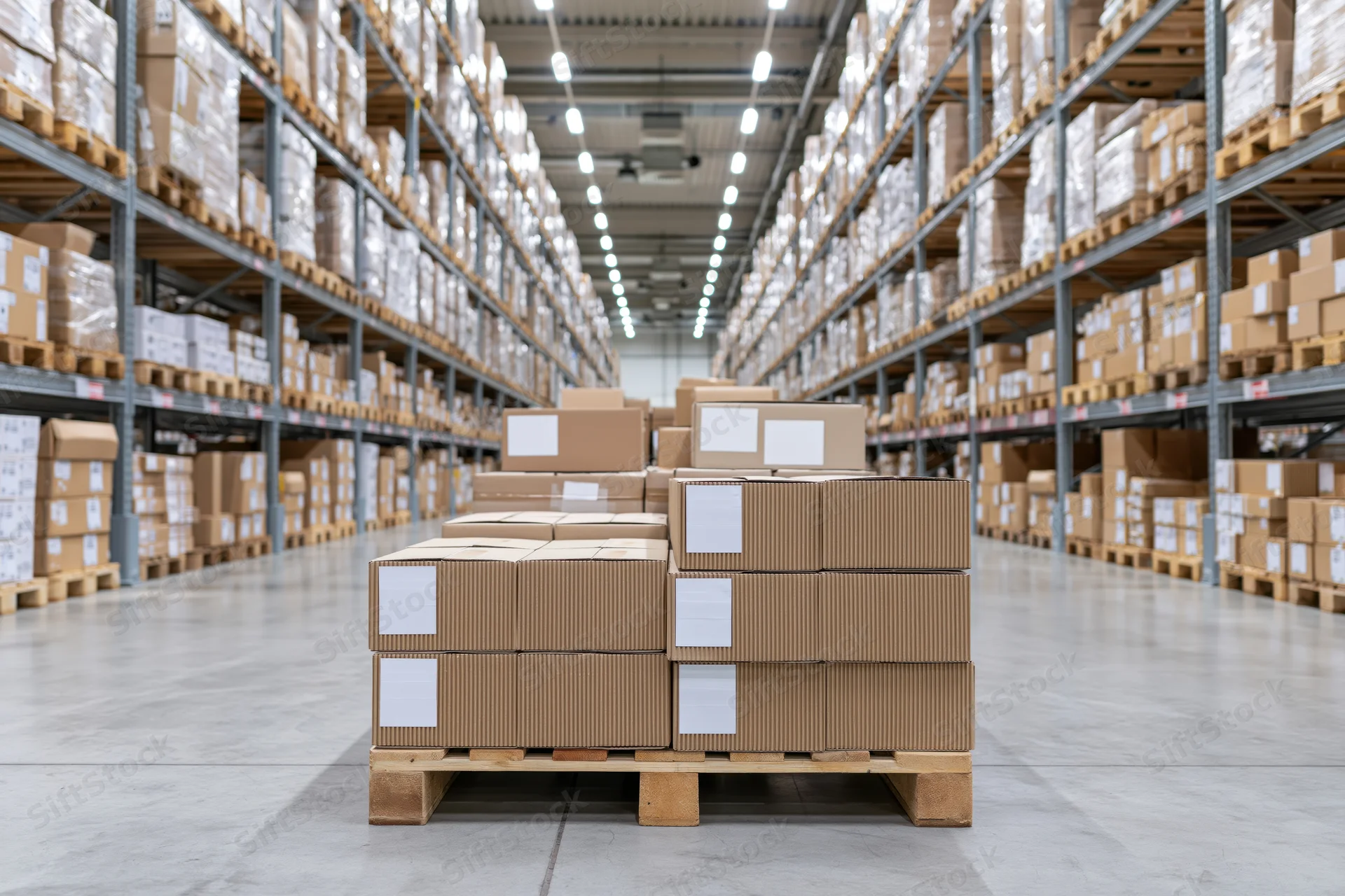 Stacked cardboard boxes on a pallet in a large warehouse aisle with high shelving units filled with packages