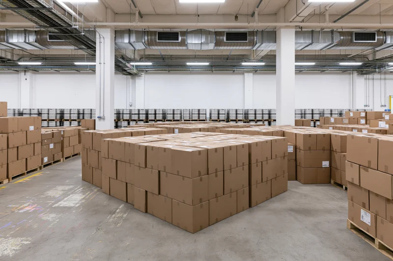 Tall stacks of brown cardboard boxes arranged on pallets in a commercial warehouse interior