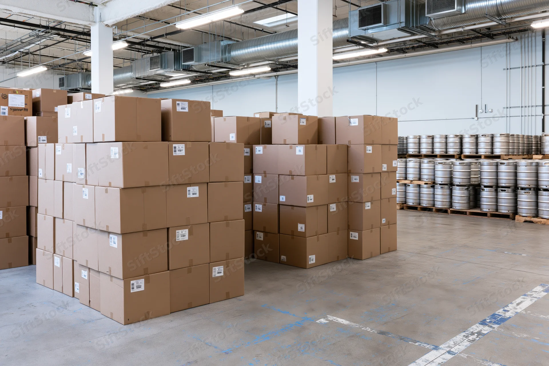 Tall stacks of cardboard boxes and metal kegs arranged in rows inside a commercial warehouse interior