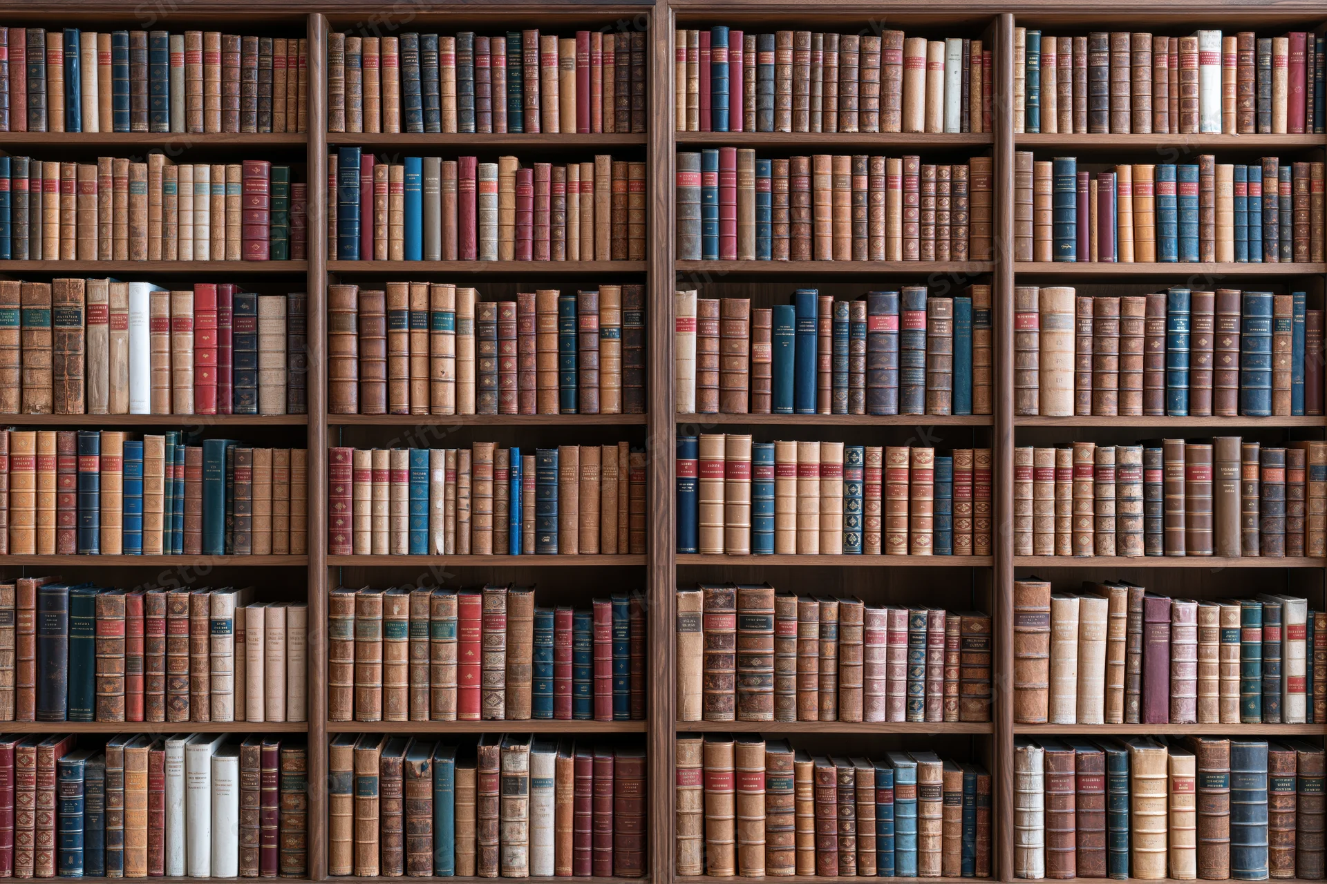 Dark walnut bookcase filled with rows of vintage leatherbound books arranged on multiple shelves