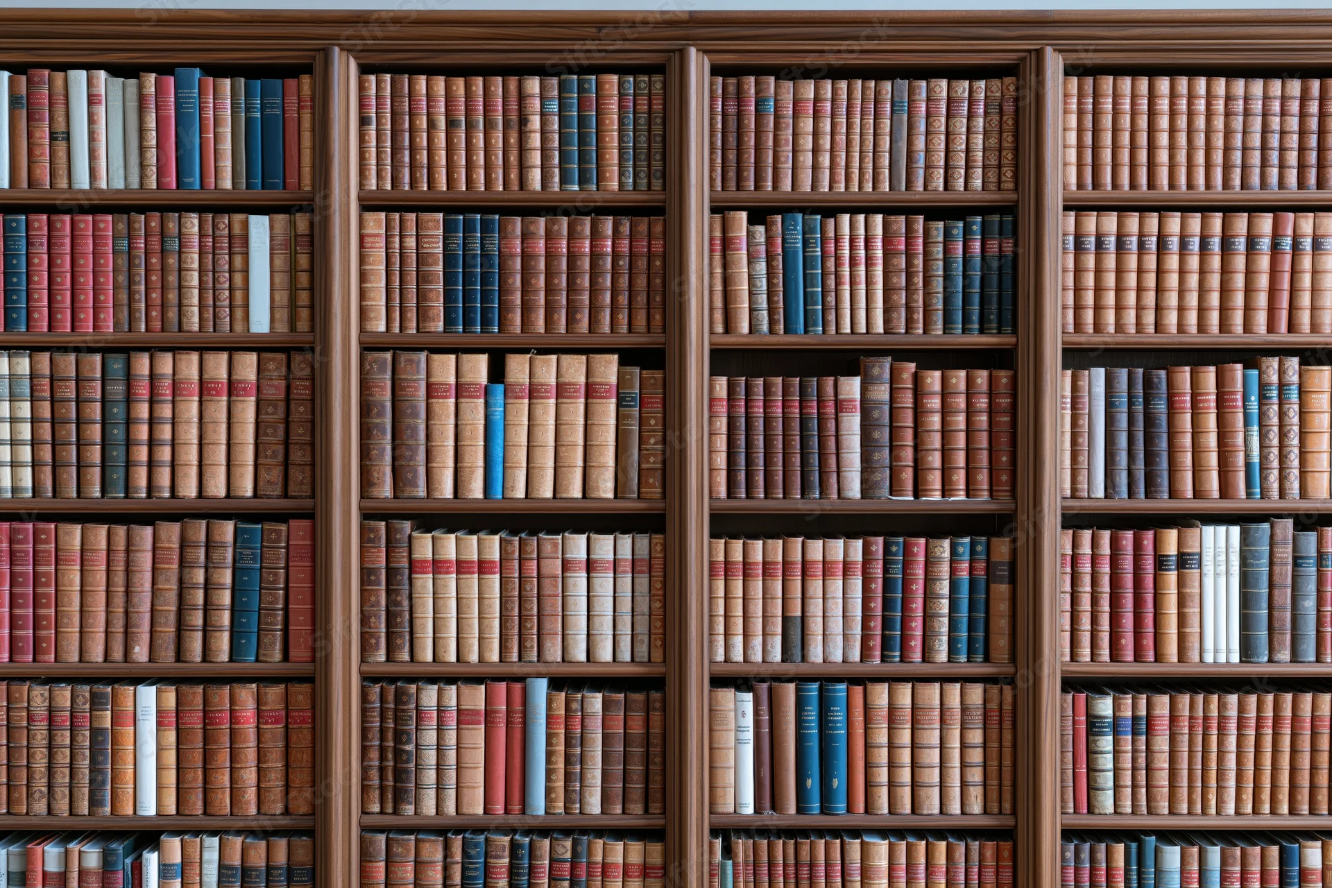 Dark walnut bookcase filled with rows of vintage leatherbound books arranged on multiple shelves