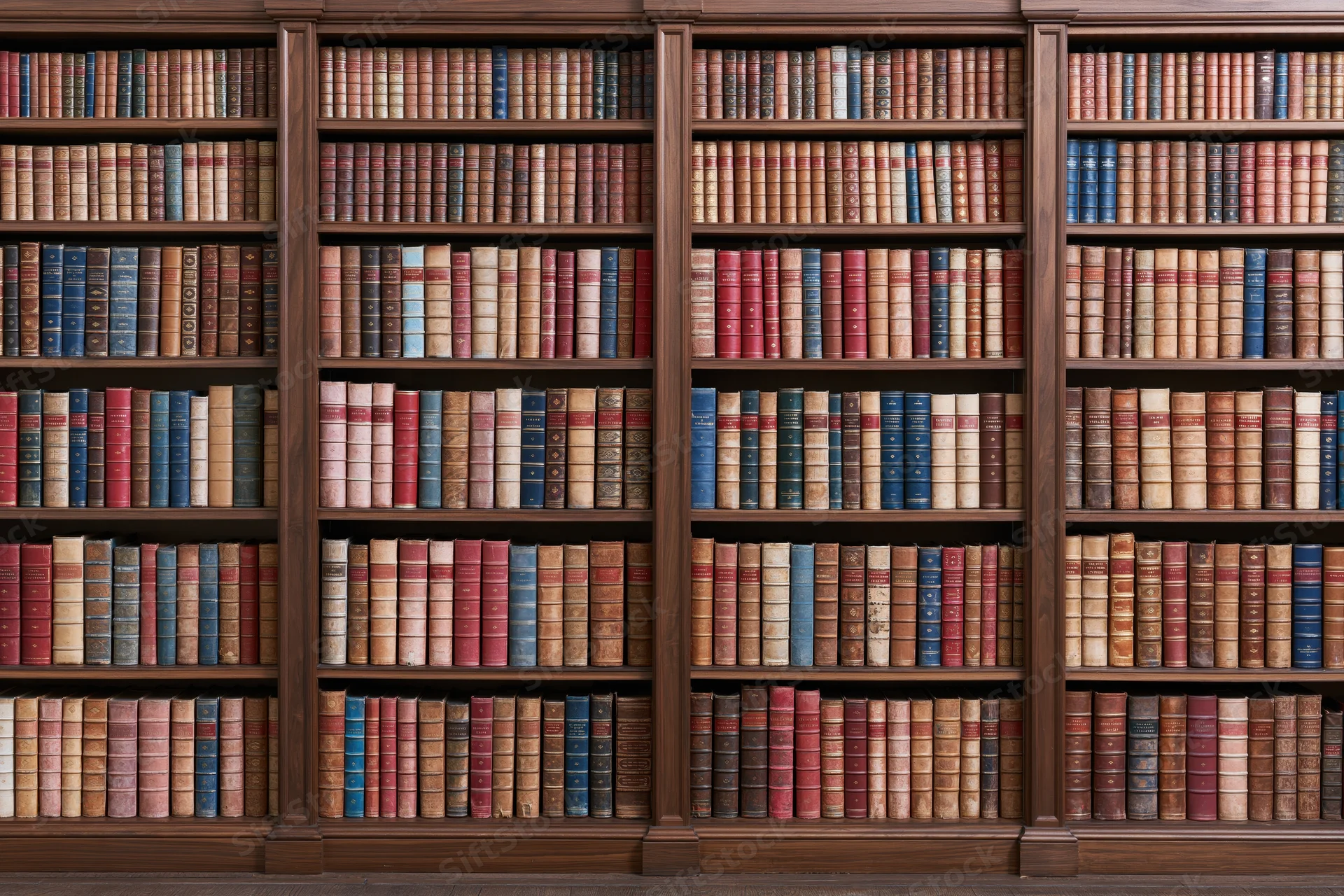 Dark walnut bookcase filled with rows of vintage leatherbound books arranged on multiple shelves