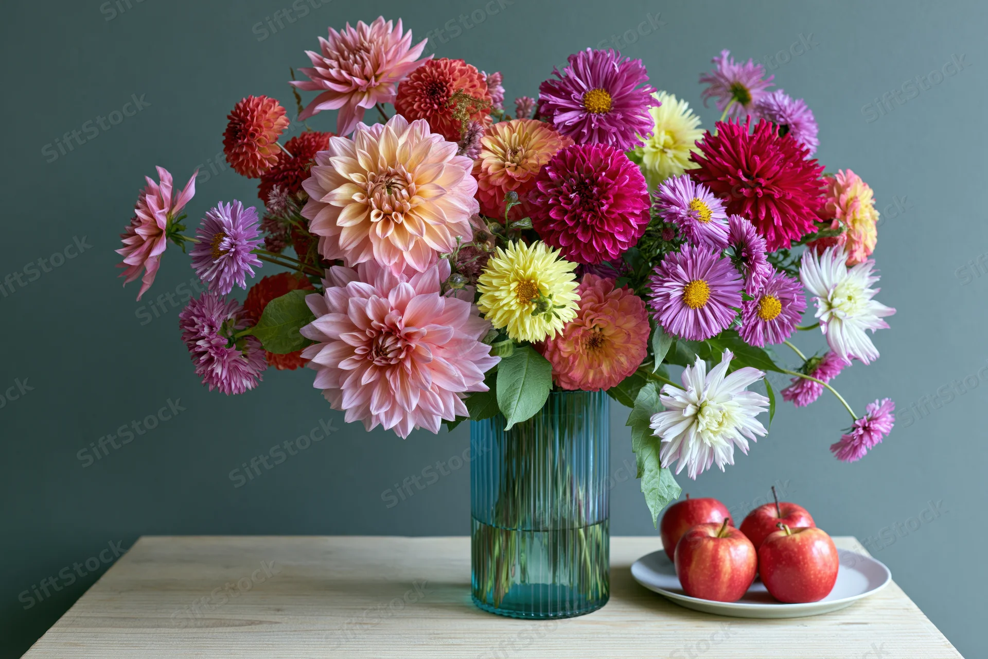Mixed autumn bouquet of dahlias asters zinnias and cosmos in a blue glass vase on a wooden table with red apples on a plate beside it