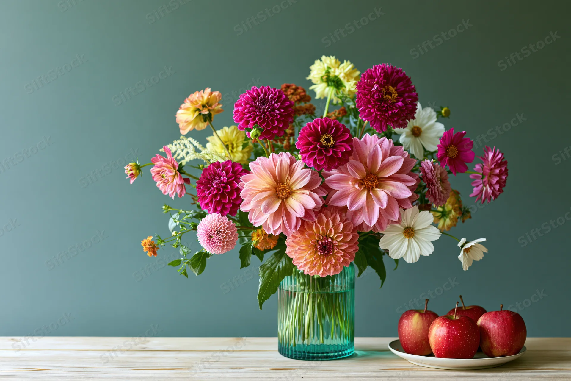 Mixed autumn bouquet of dahlias asters zinnias and cosmos in a green glass vase on a wooden table with apples on a plate beside it