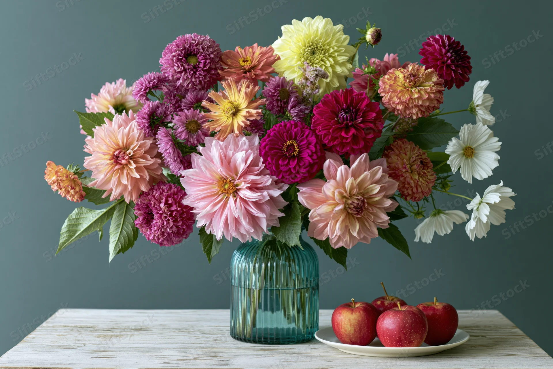 Mixed autumn bouquet of dahlias asters zinnias and cosmos in a teal glass vase on a wooden table with apples on a plate beside it