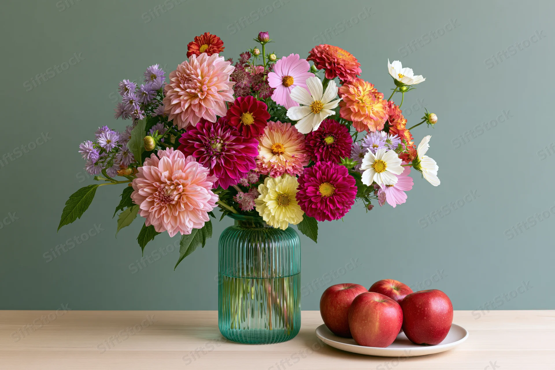 Mixed autumn bouquet of dahlias asters zinnias and cosmos in green glass vase on wooden table with apples on plate beside it