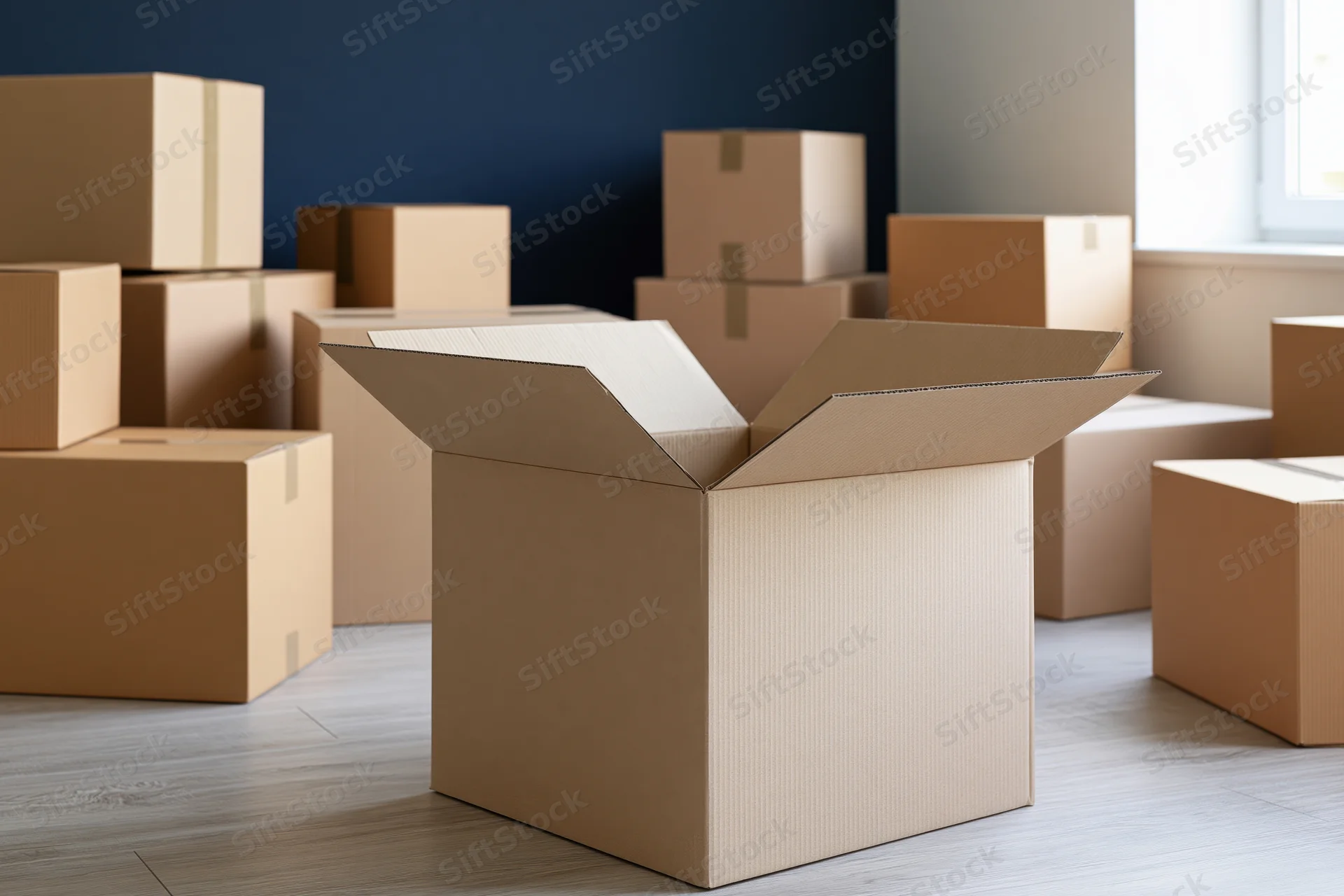 Open cardboard moving box in foreground surrounded by stacked boxes in a room with blue wall and window