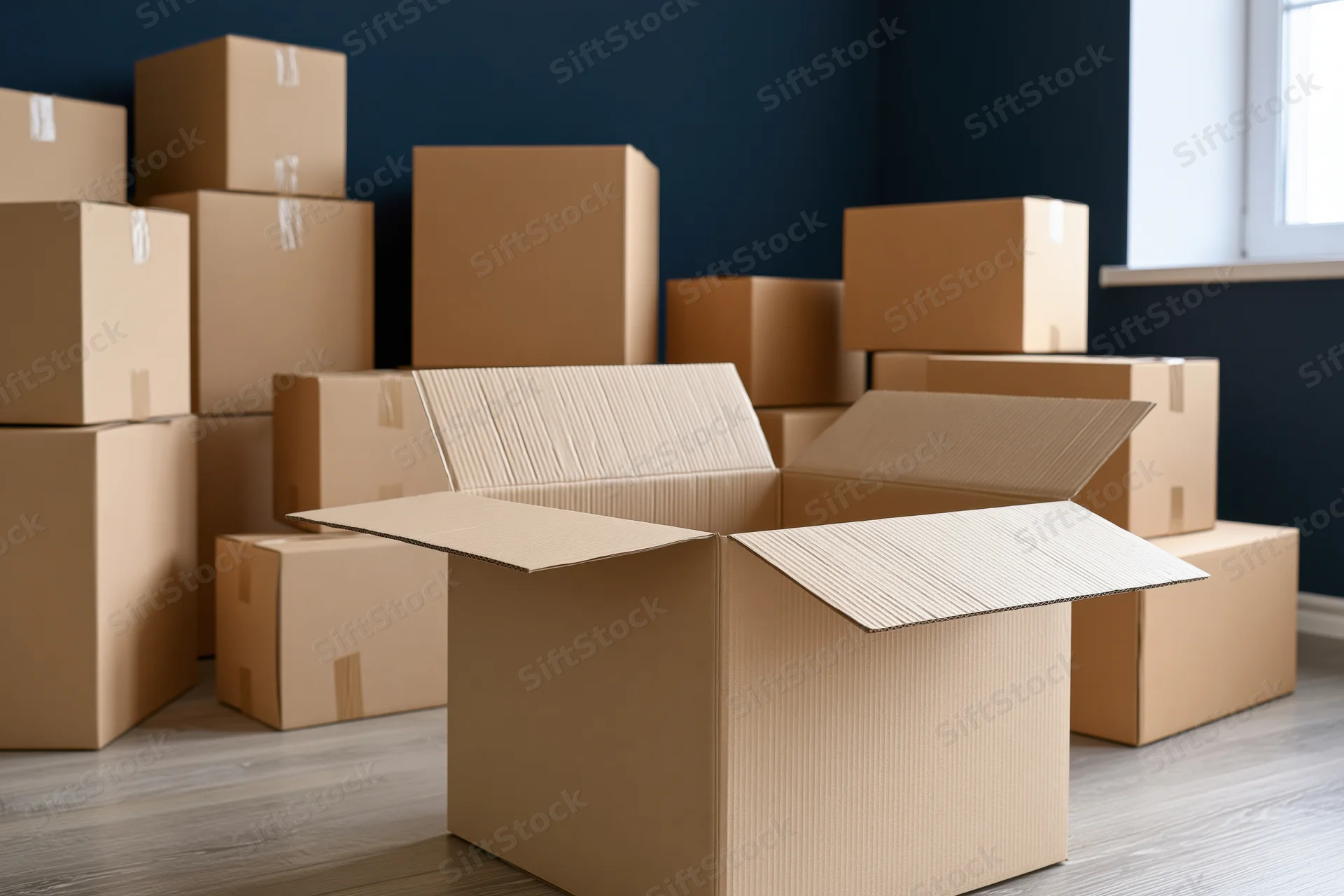 Open cardboard moving box in foreground surrounded by stacked boxes in a room with blue walls and wooden floor