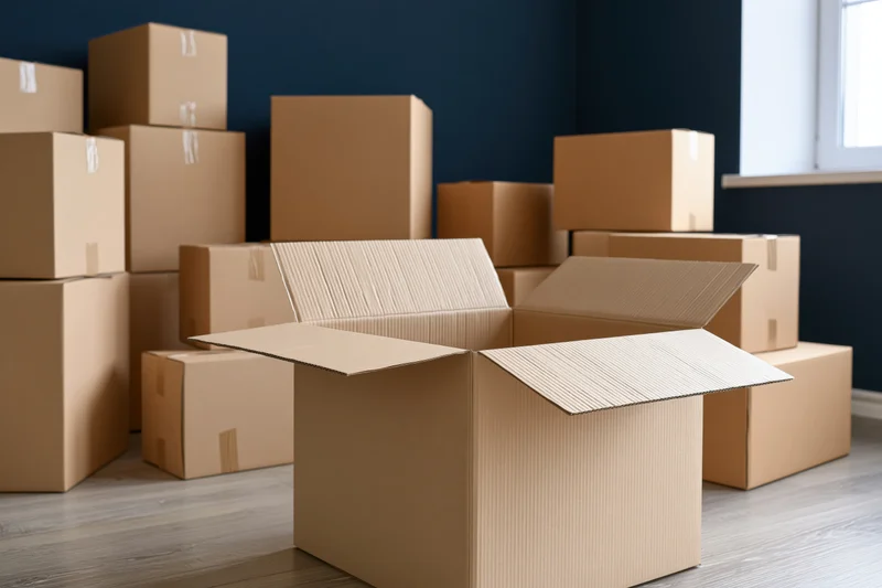 Open cardboard moving box in foreground surrounded by stacked boxes in a room with blue walls and wooden floor