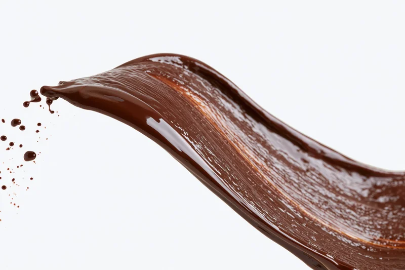 Liquid chocolate pouring in a sweeping wave shape with splashes against white background