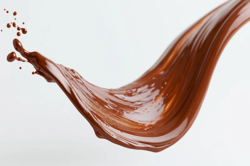 Liquid chocolate pouring in a sweeping wave shape against white background