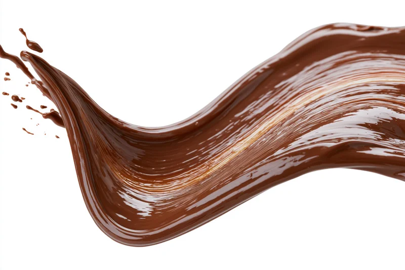 Liquid chocolate pouring in a sweeping wave shape against white background