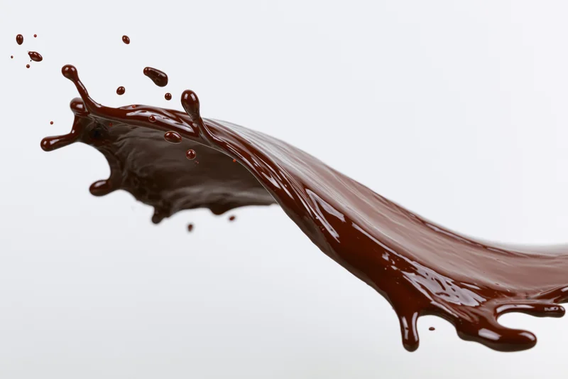 Dark chocolate liquid mid-splash frozen in motion against white background
