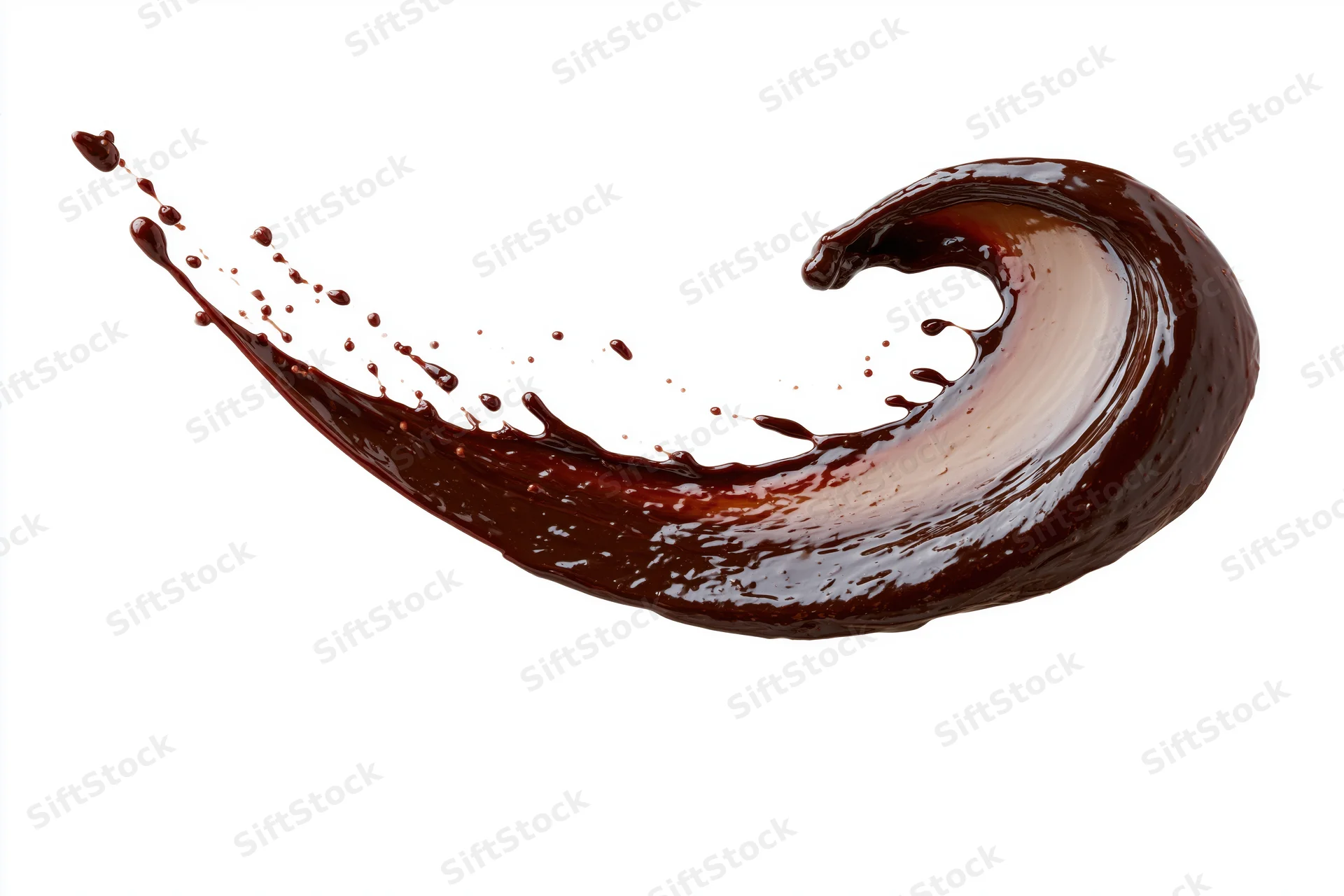 Dark chocolate liquid mid-splash frozen in motion forming a curved arc against white background