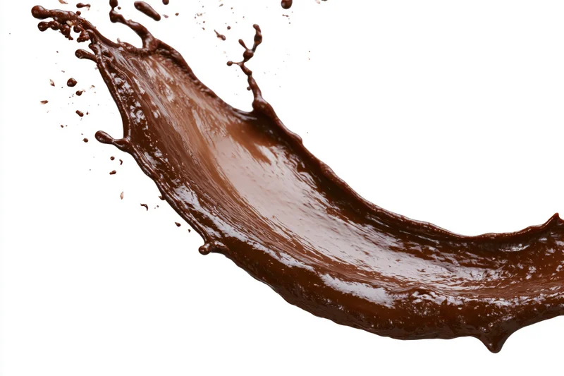 Dark chocolate liquid mid-splash frozen in motion sweeping across white background
