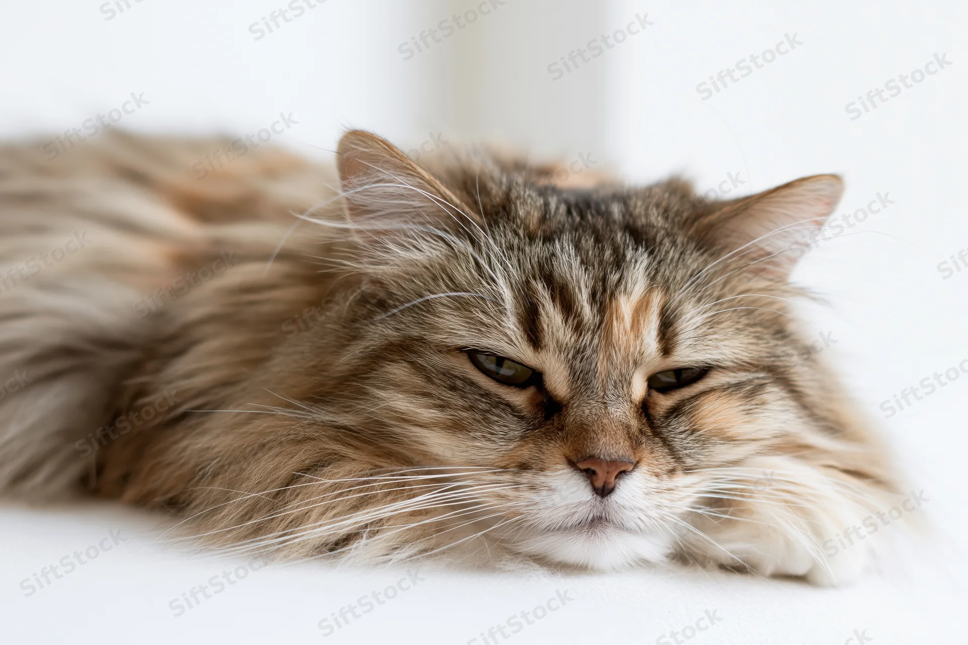 Long-haired tabby calico cat lying flat with chin resting on white surface
