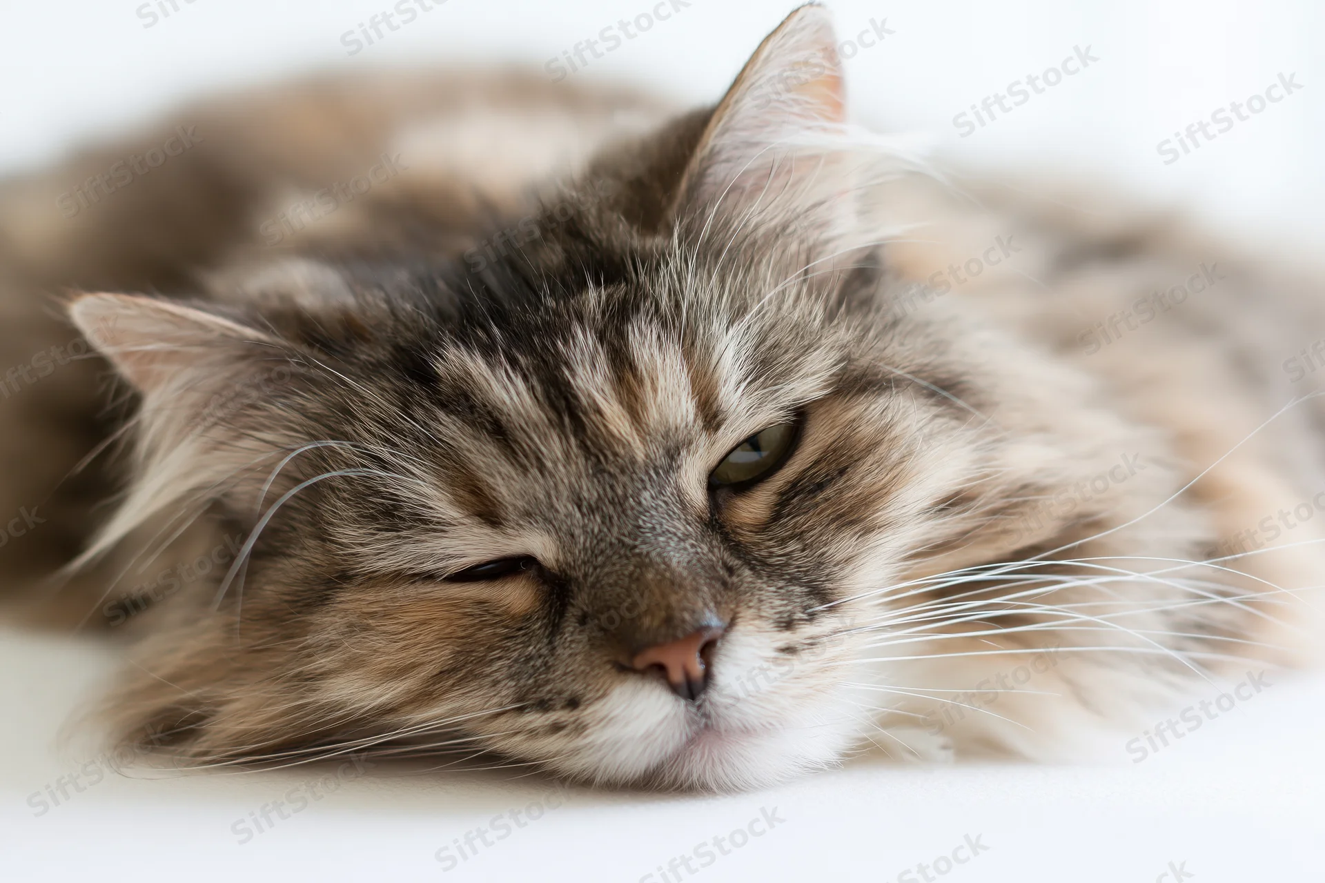 Long-haired tabby calico cat lying flat with chin resting on white surface