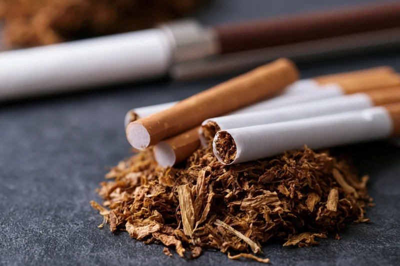 Loose tobacco piled with unfiltered cigarettes arranged on dark surface