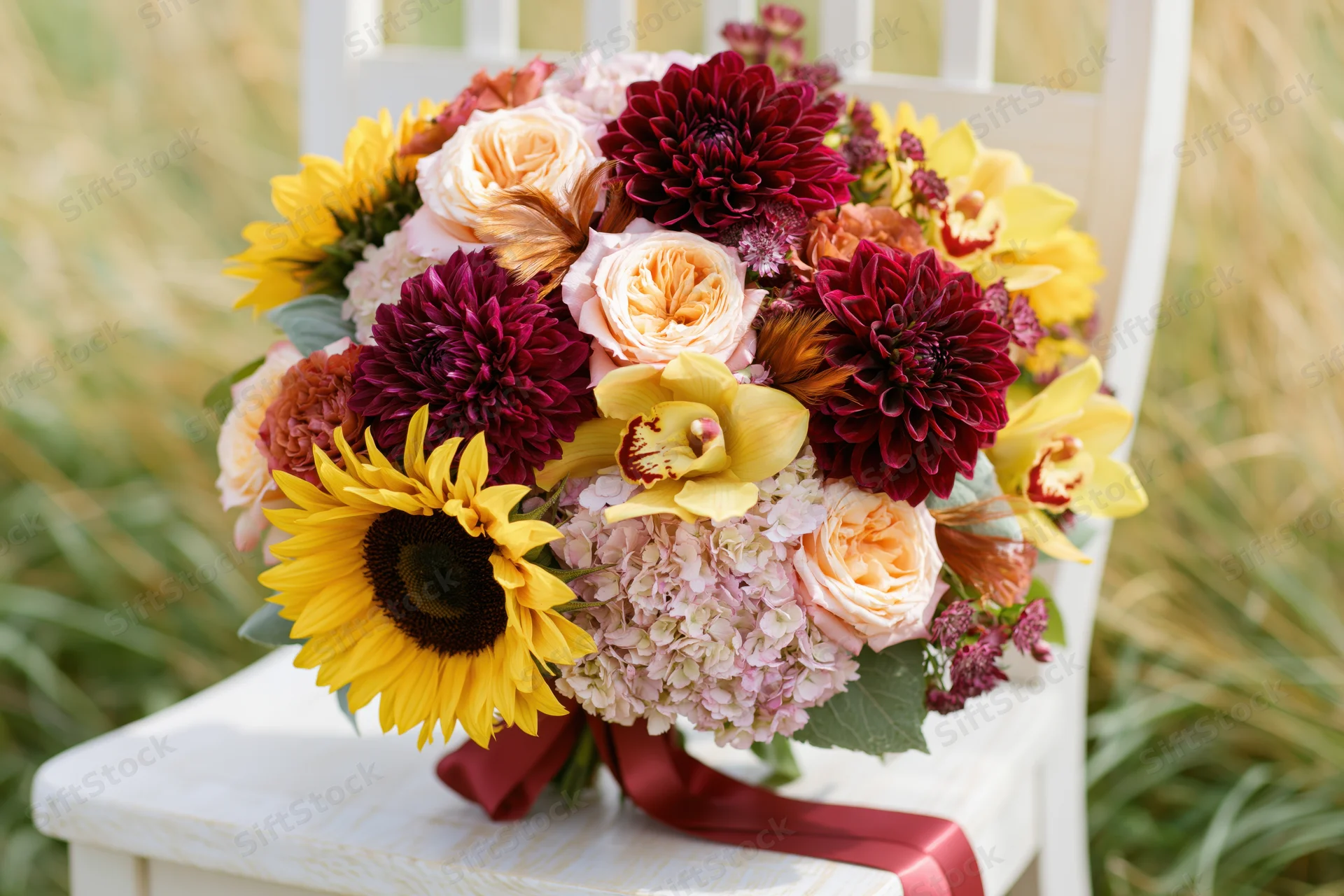Lush autumn bridal bouquet resting on white wooden chair outdoors