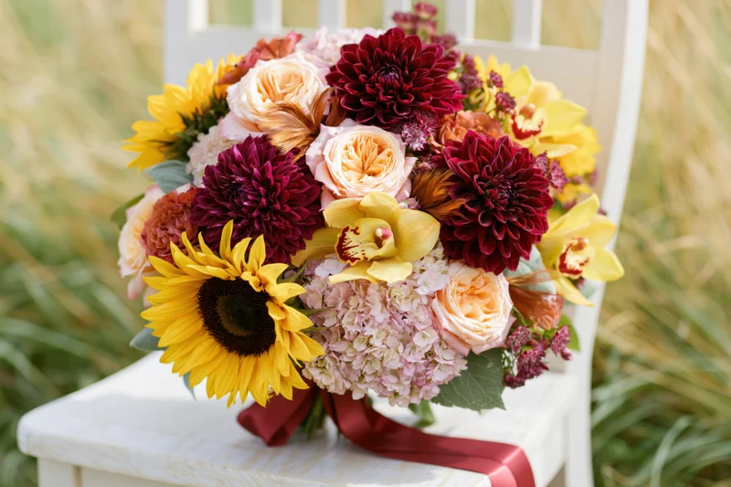Lush autumn bridal bouquet resting on white wooden chair outdoors