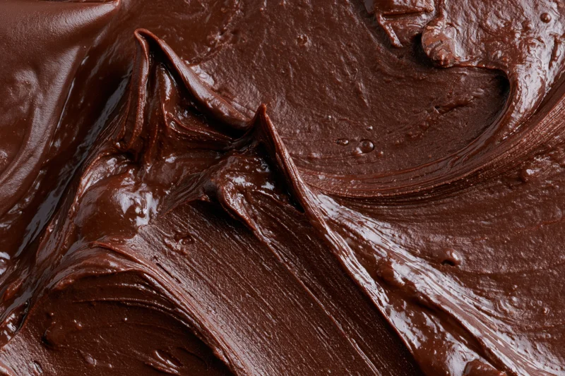 Thick melted dark chocolate spread in swirling texture across flat surface