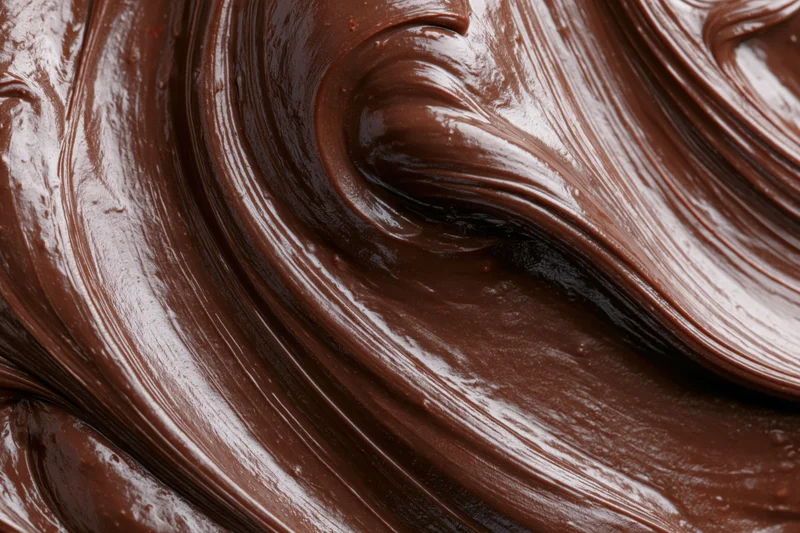 Melted dark chocolate swirled into flowing ridges and curves in closeup view