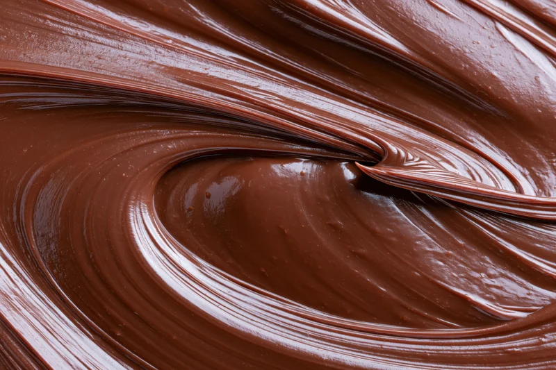 Melted dark chocolate swirled into glossy ridges and curves in closeup view