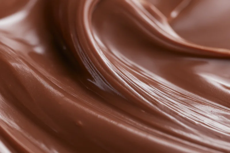 Melted milk chocolate flowing in smooth sweeping waves, close-up view of glossy texture