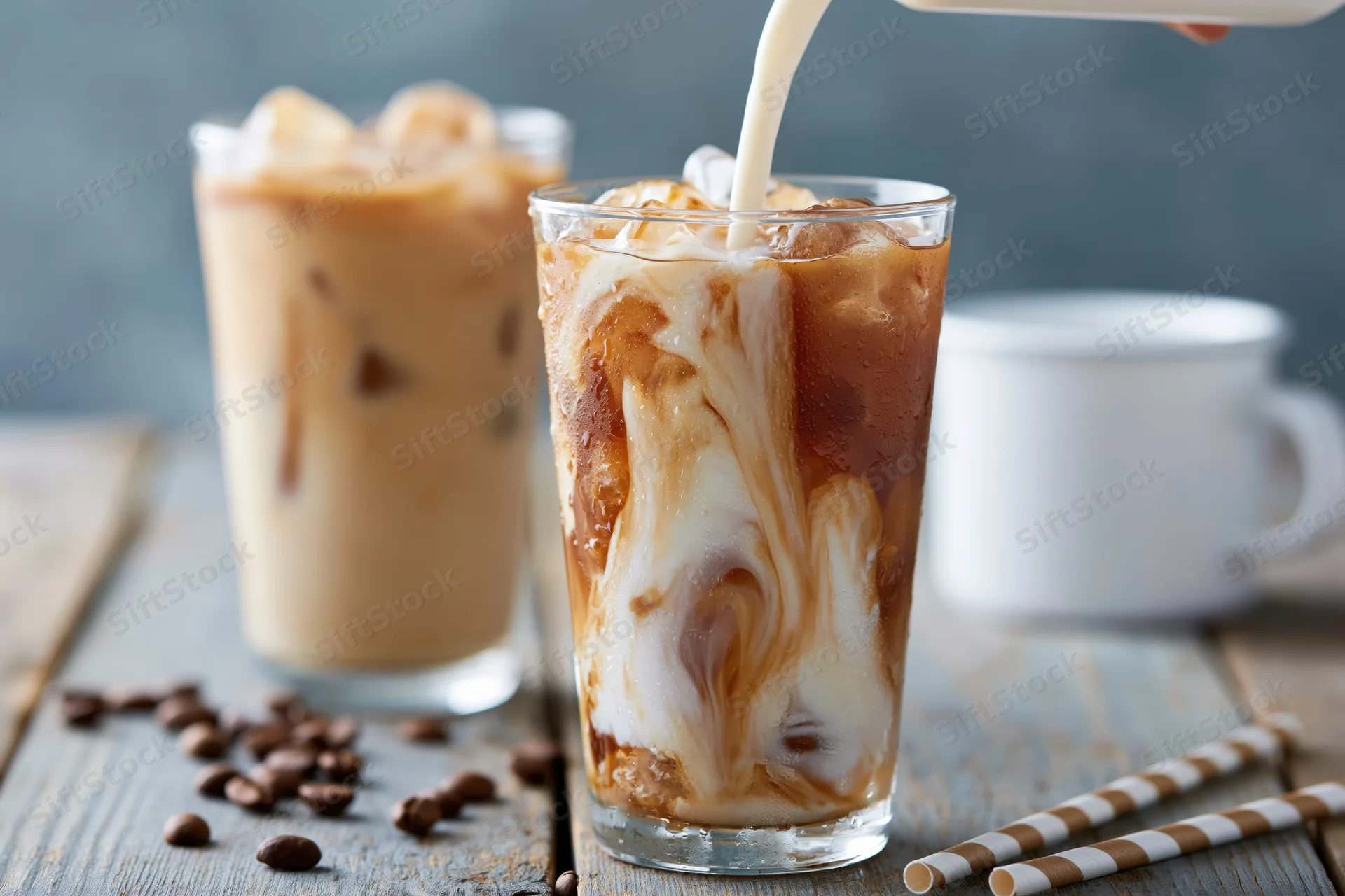 Milk being poured into a tall glass of iced coffee with ice cubes on a wooden table