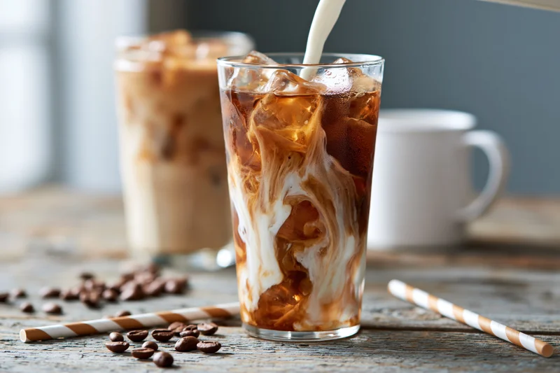Milk being poured into a tall glass of iced coffee with ice cubes on a wooden table
