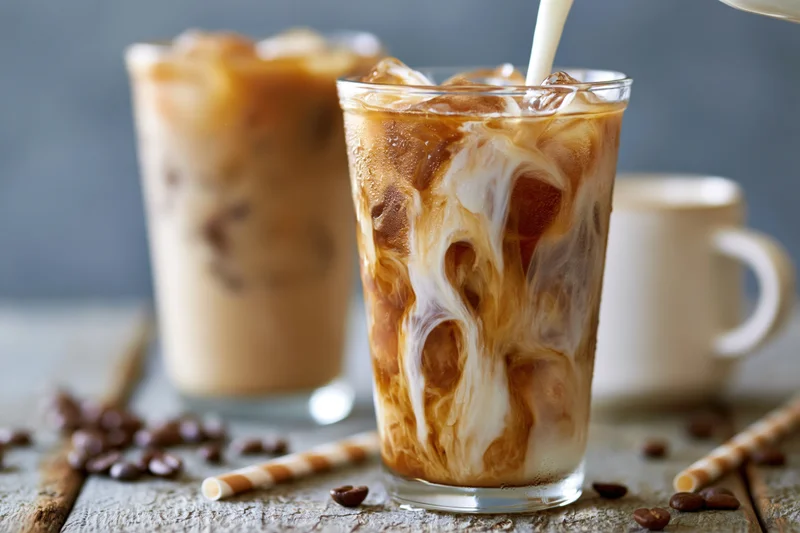 Milk being poured into a tall glass of iced coffee creating swirls on a wooden table with coffee beans scattered around