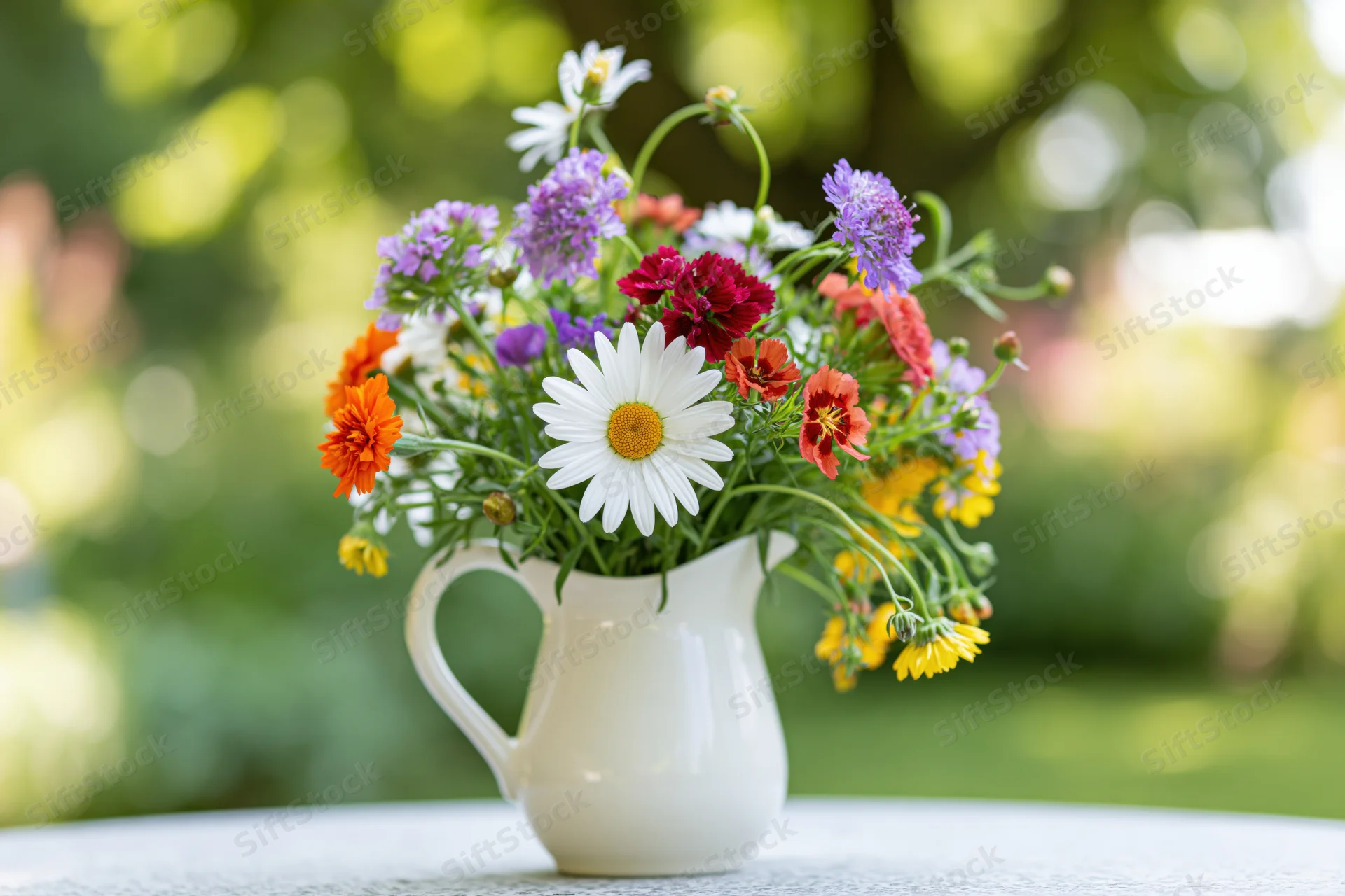 Mixed wildflower bouquet arranged in a white ceramic pitcher on a table outdoors