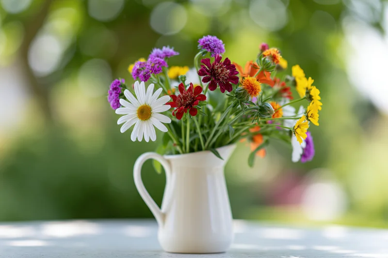 Mixed wildflower bouquet arranged in white ceramic pitcher on outdoor table