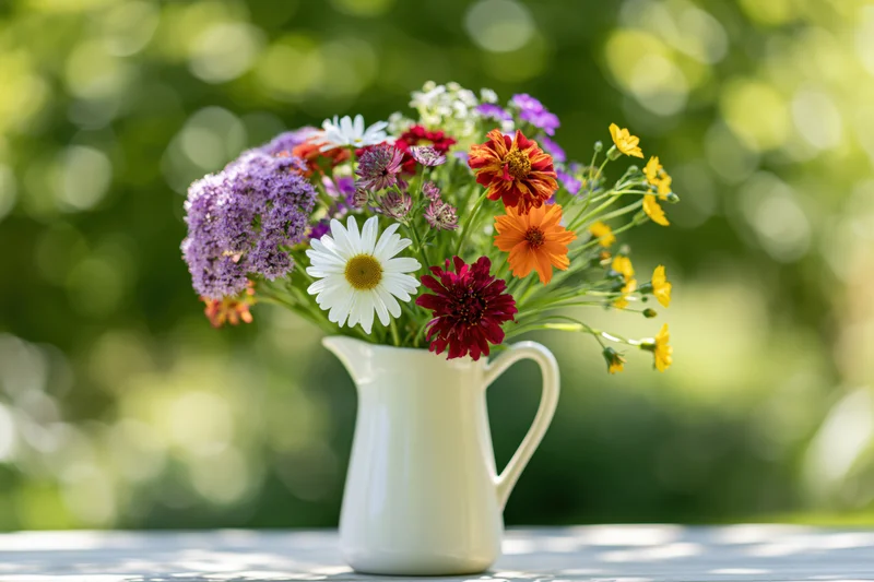 Mixed wildflower bouquet arranged in white ceramic pitcher on wooden table outdoors