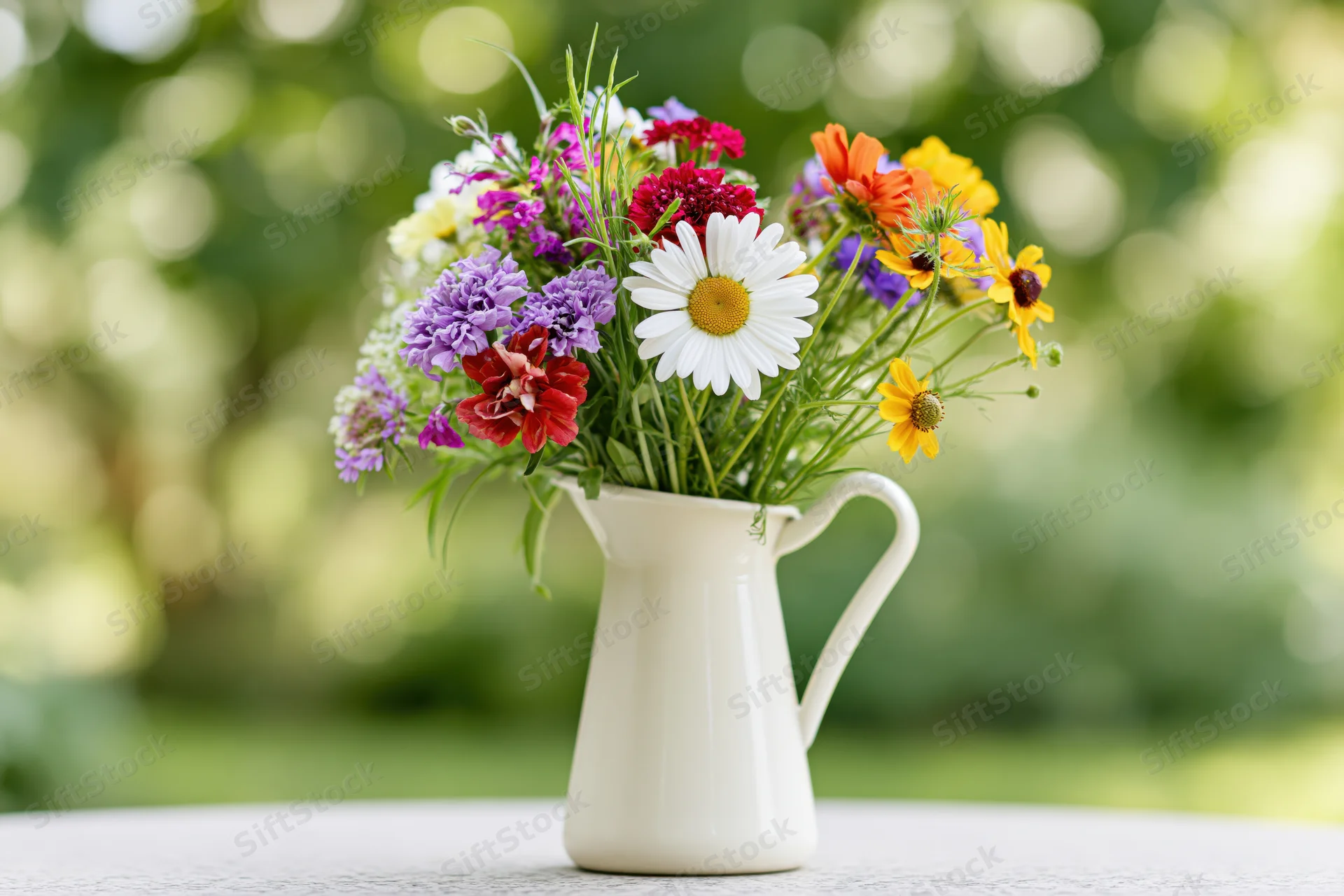 Mixed wildflower bouquet arranged in white ceramic pitcher on table outdoors