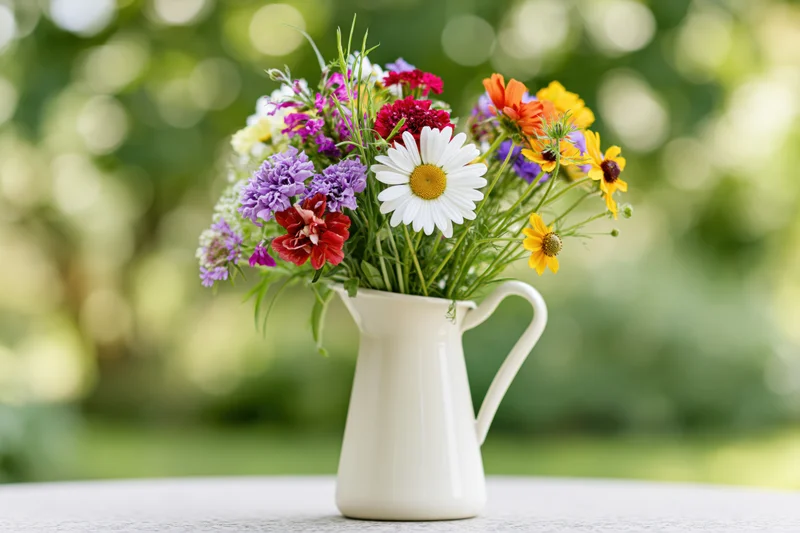 Mixed wildflower bouquet arranged in white ceramic pitcher on table outdoors