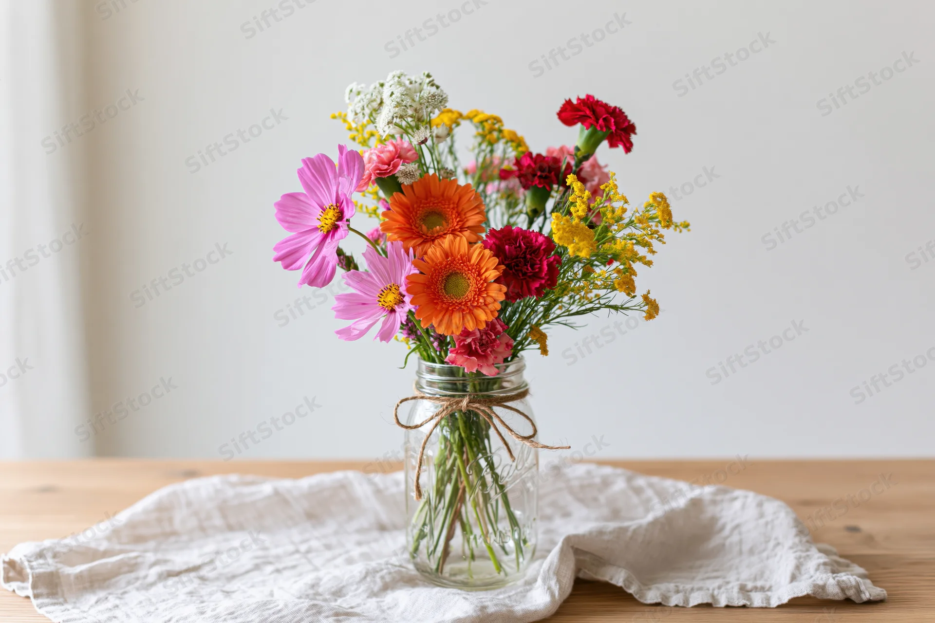 Mixed wildflower bouquet in a clear glass mason jar tied with twine on a wooden table with a white cloth