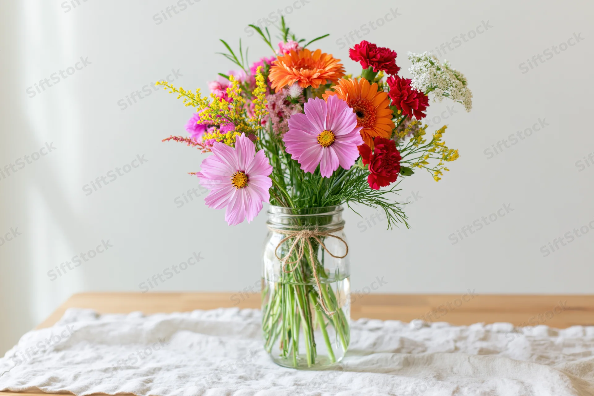Mixed wildflower bouquet in a clear glass mason jar tied with twine on a wooden table with white cloth