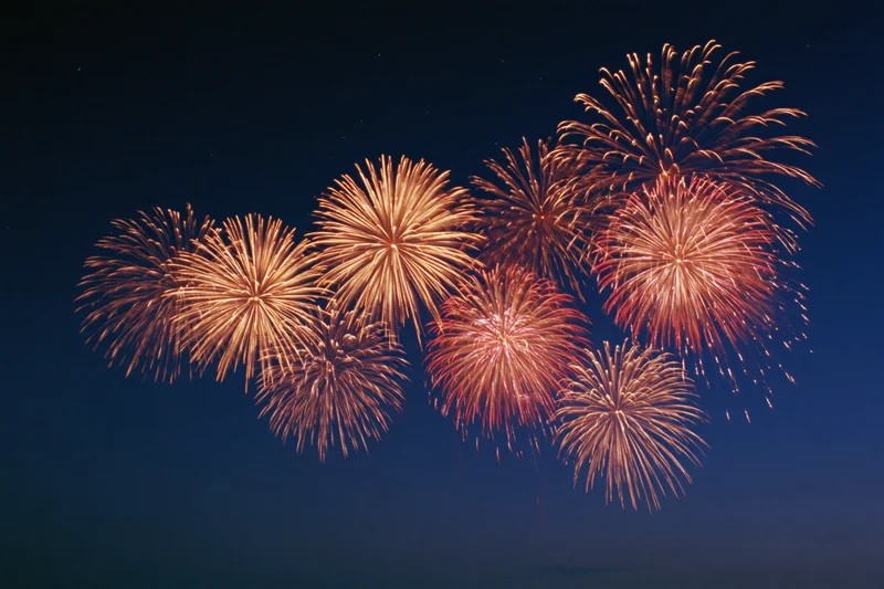 Multiple fireworks bursting simultaneously across the upper night sky