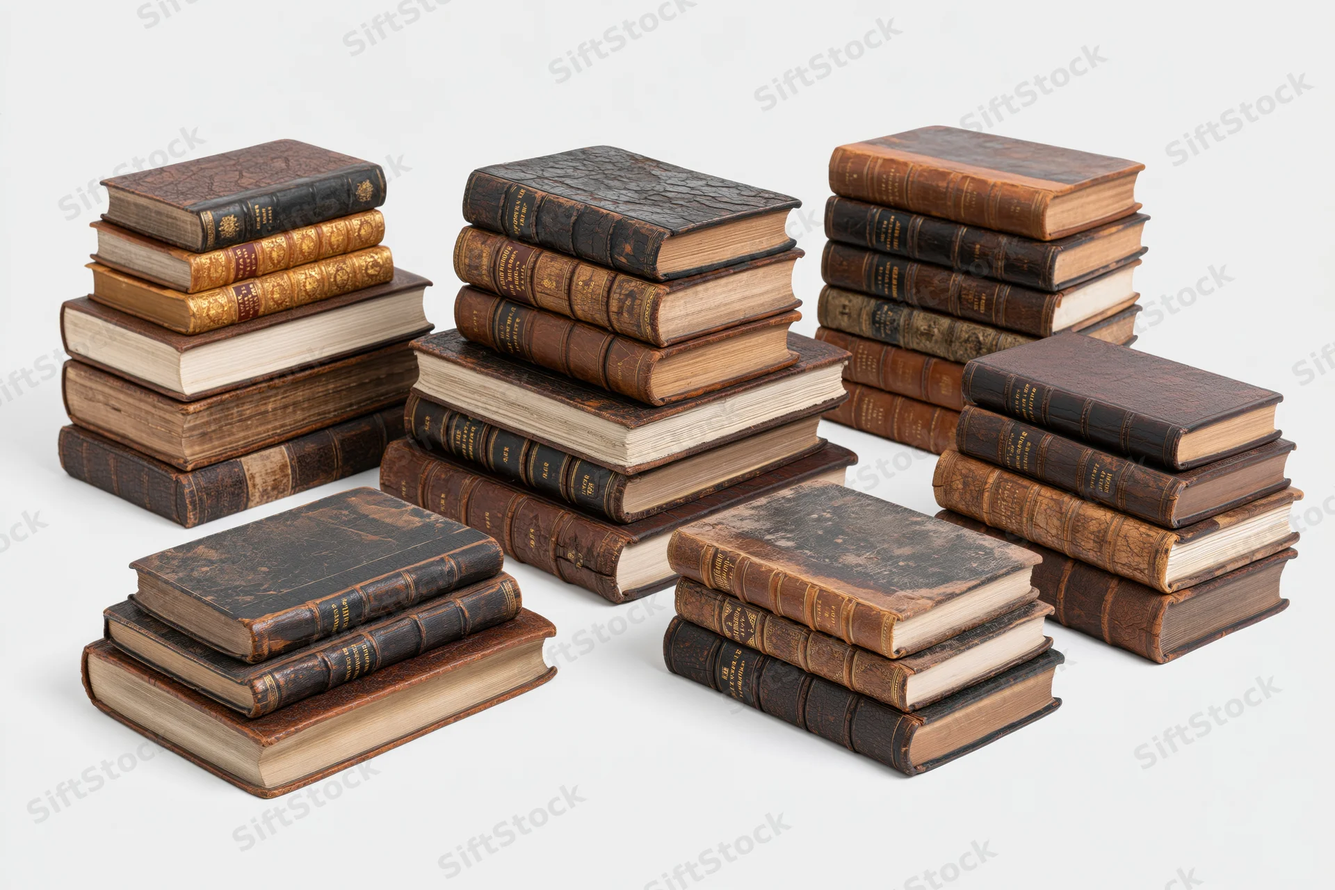 Multiple stacks of antique leatherbound books arranged on a plain white surface