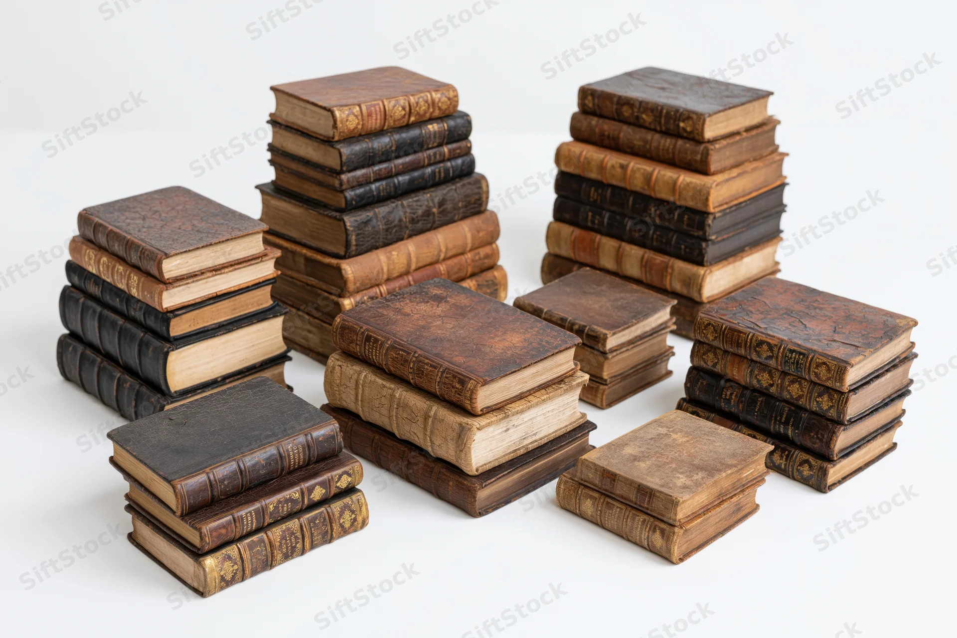 Multiple stacks of antique leather-bound books arranged on a white surface