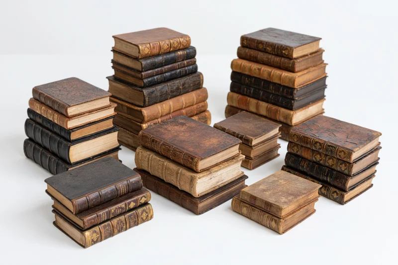 Multiple stacks of antique leather-bound books arranged on a white surface