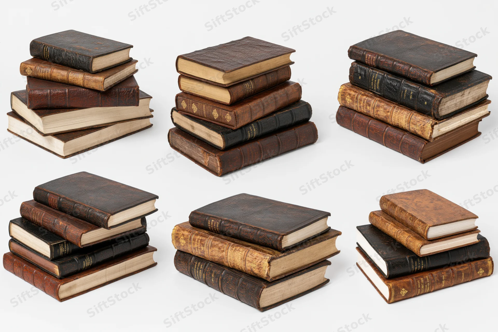 Multiple stacks of antique leather-bound books arranged on a white background