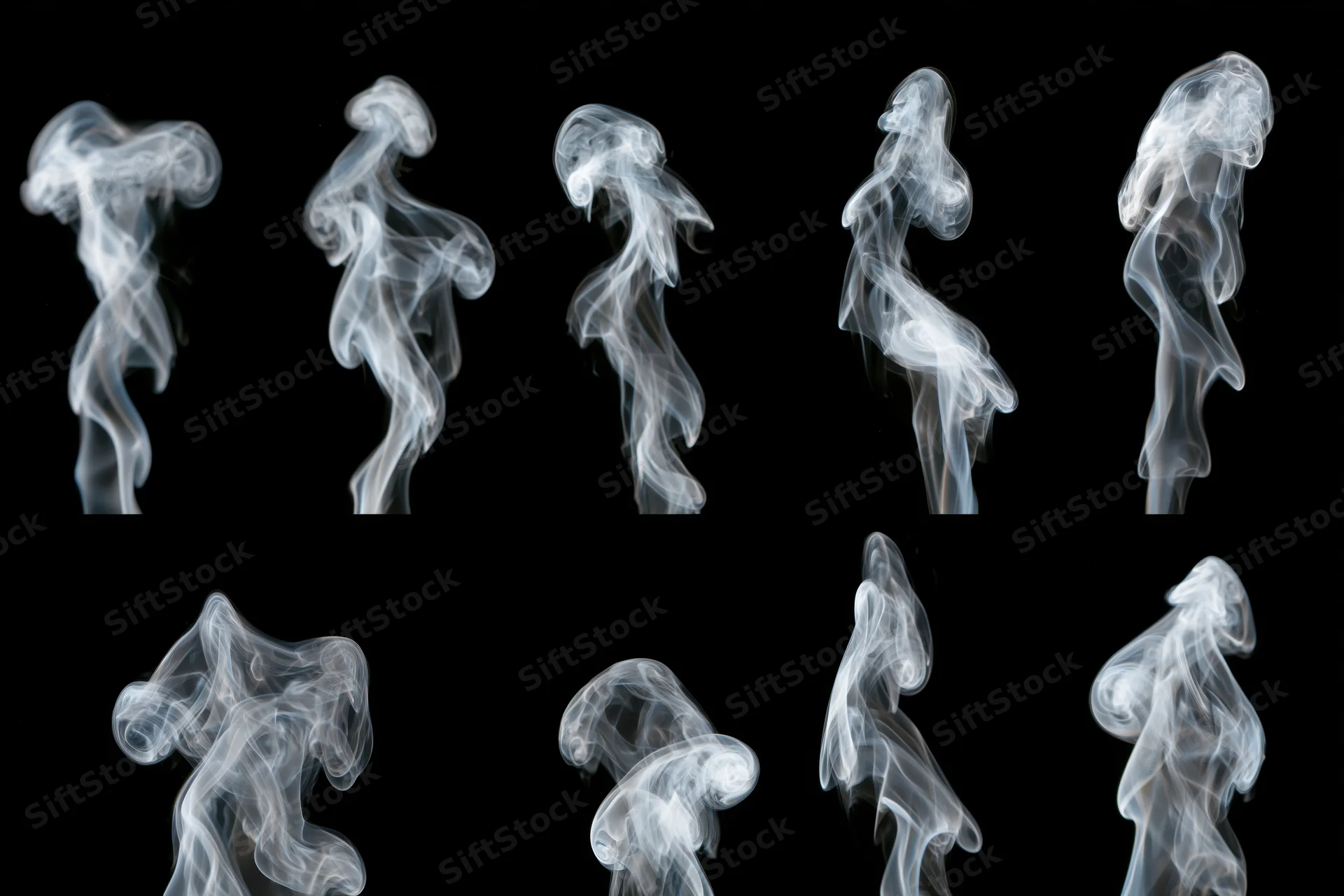 White smoke wisps arranged in a grid pattern against black background