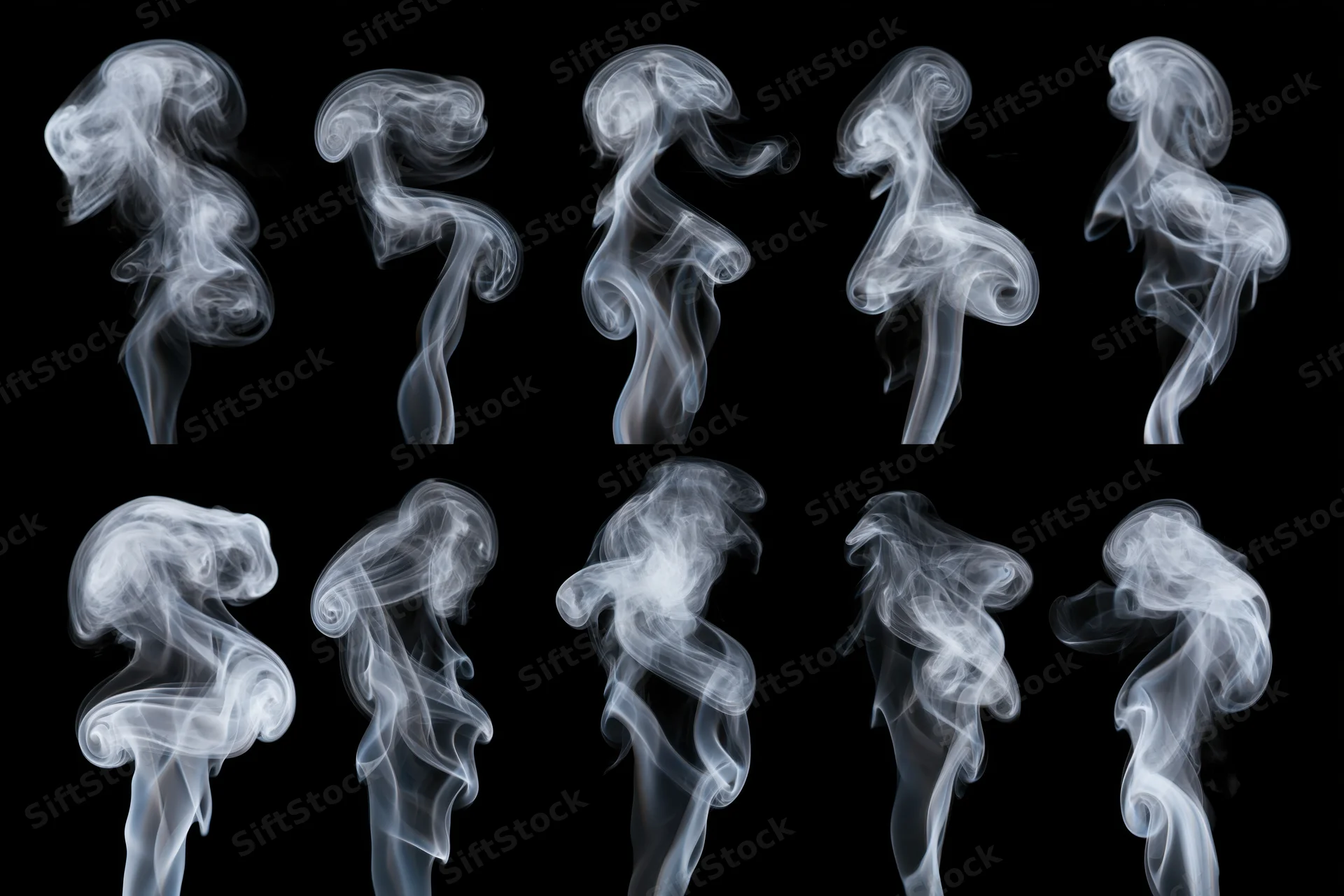 White smoke wisps arranged in a grid pattern on black background