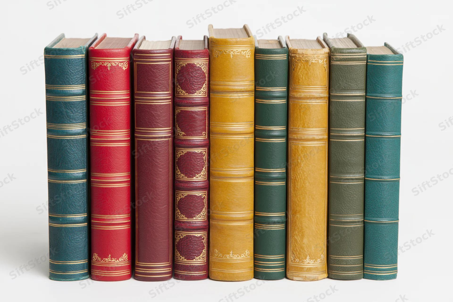 Nine vintage hardcover books standing upright in a row with decorated spines on a white background