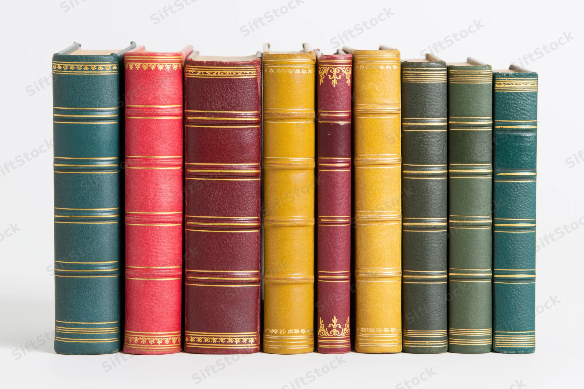 Nine vintage hardcover books standing upright in a row with spines visible against white background