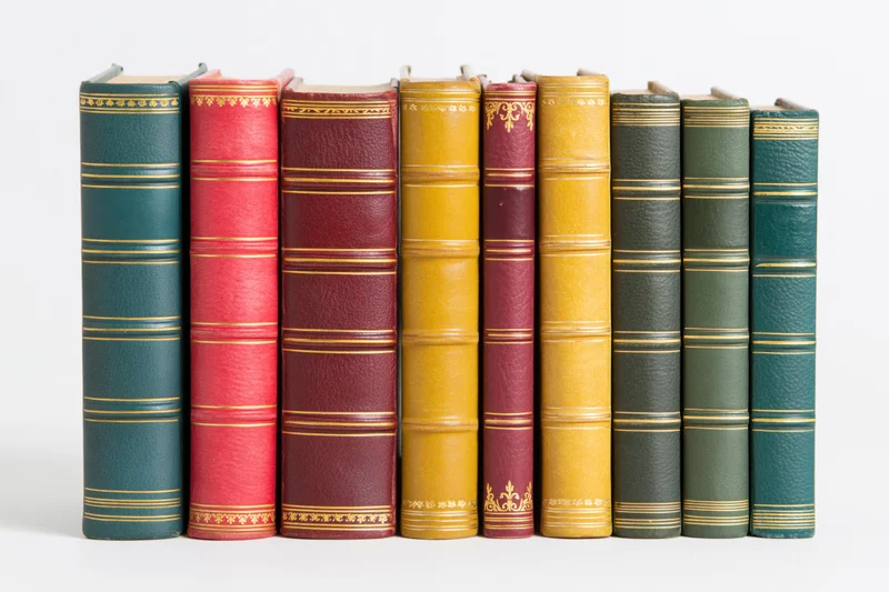 Nine vintage hardcover books standing upright in a row with spines visible against white background