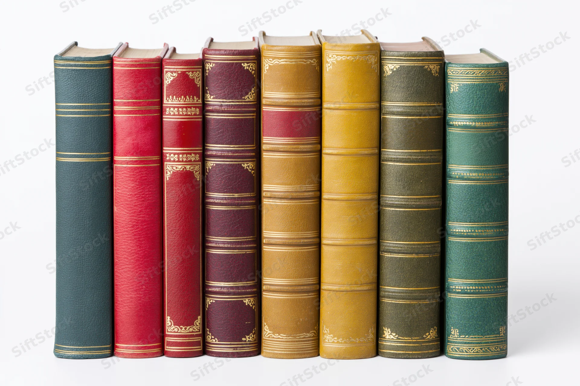 Nine vintage hardcover books standing upright in a row with decorative spines on white background